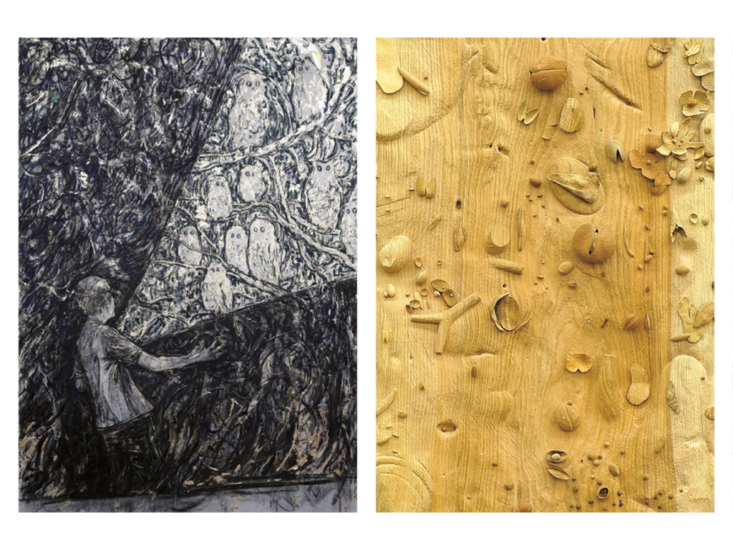 Left）　西太志　"Owl Tree"　2017　/　Right）　矢野洋輔　"Open Wood"　2016